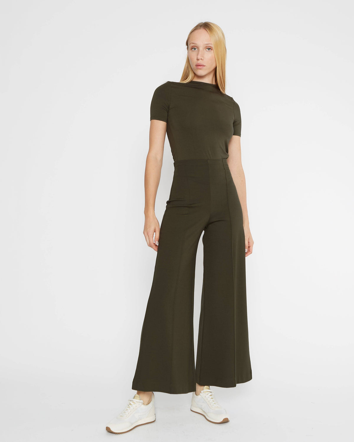 Olive Ponte Knit Wide Leg Pant: Cropped