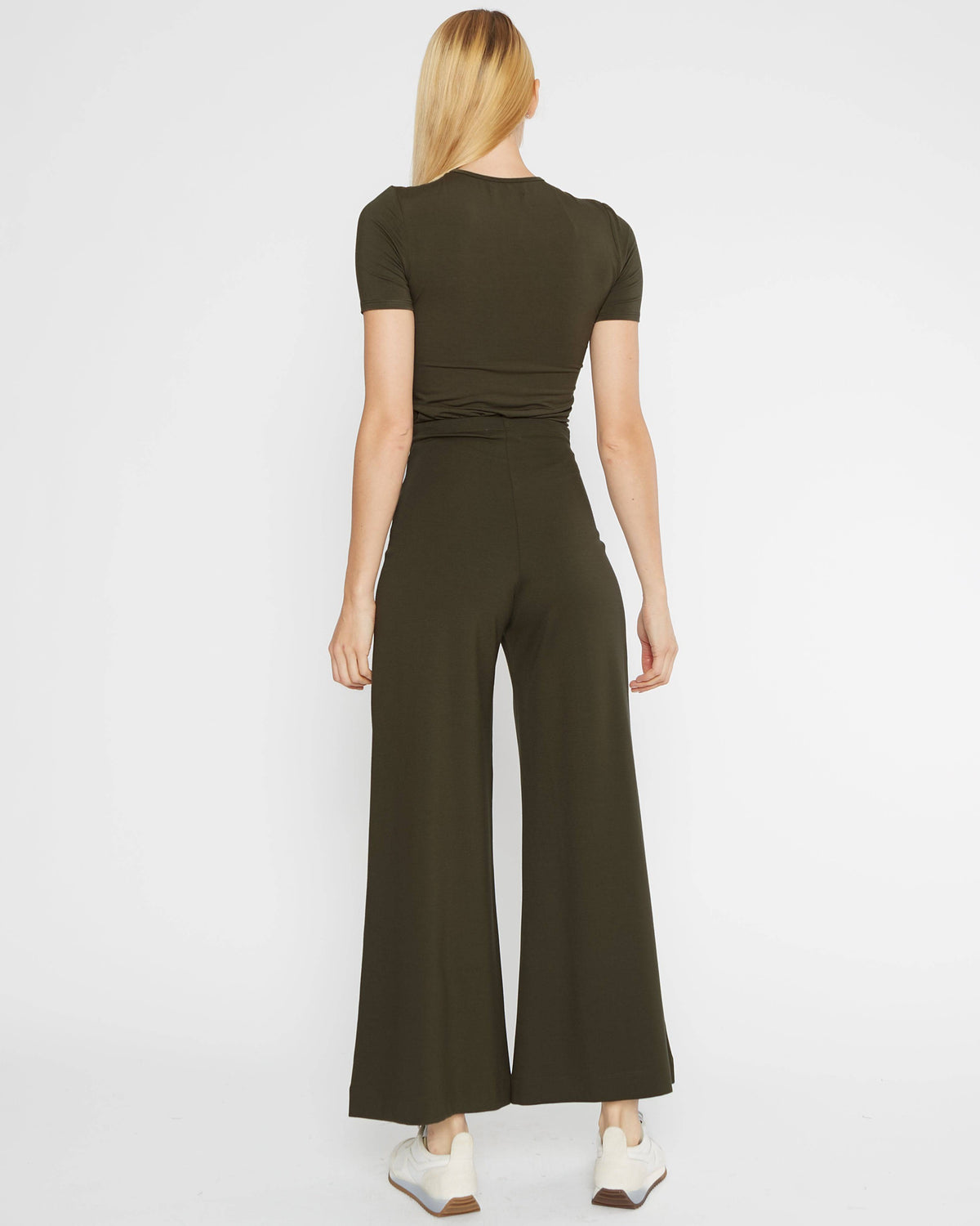 Olive Ponte Knit Wide Leg Pant: Cropped