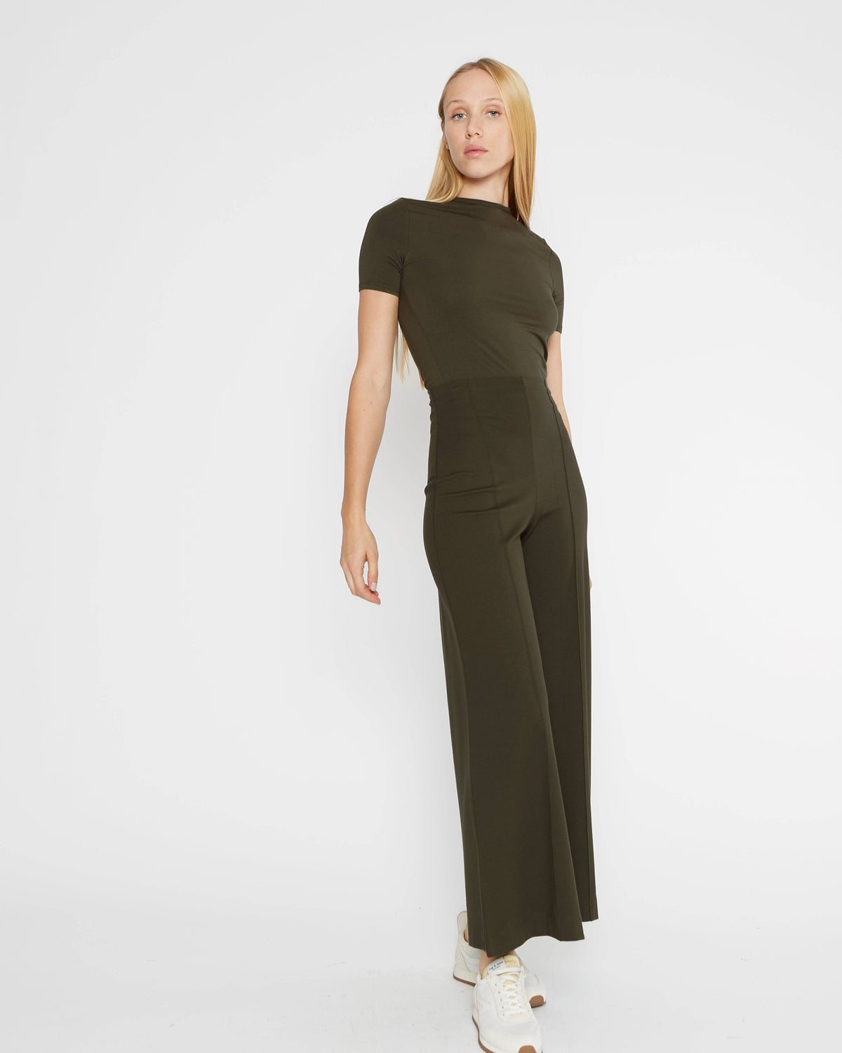 Olive Ponte Knit Wide Leg Pant: Cropped