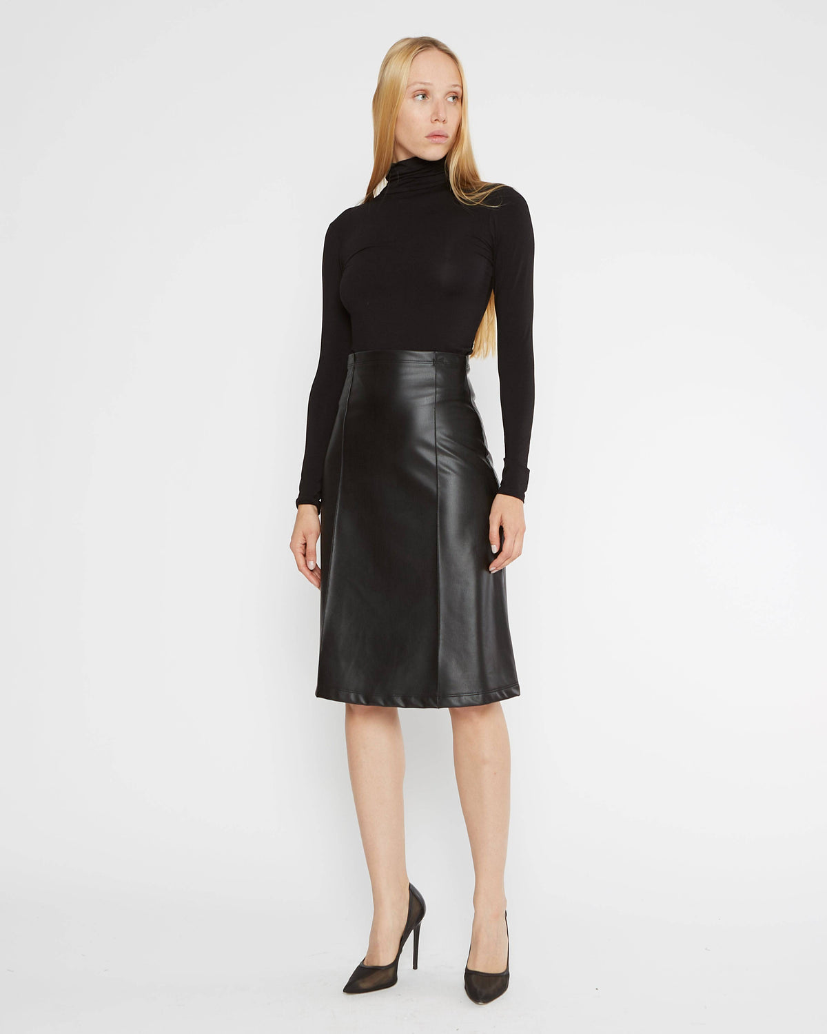 Black Vegan Leather A-Line Midi Skirt