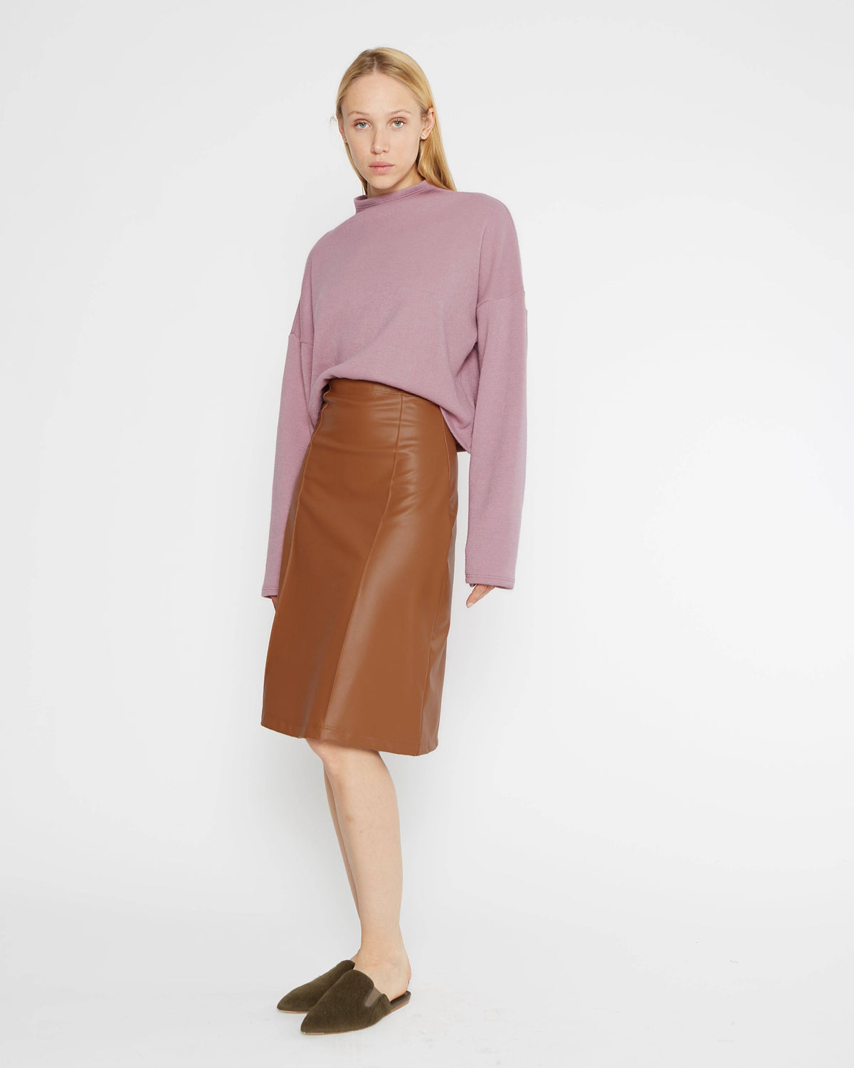 Camel Vegan Leather A-Line Midi Skirt