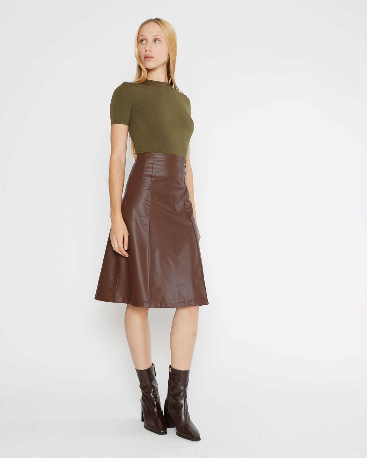 Chestnut Vegan Leather A-Line Midi Skirt