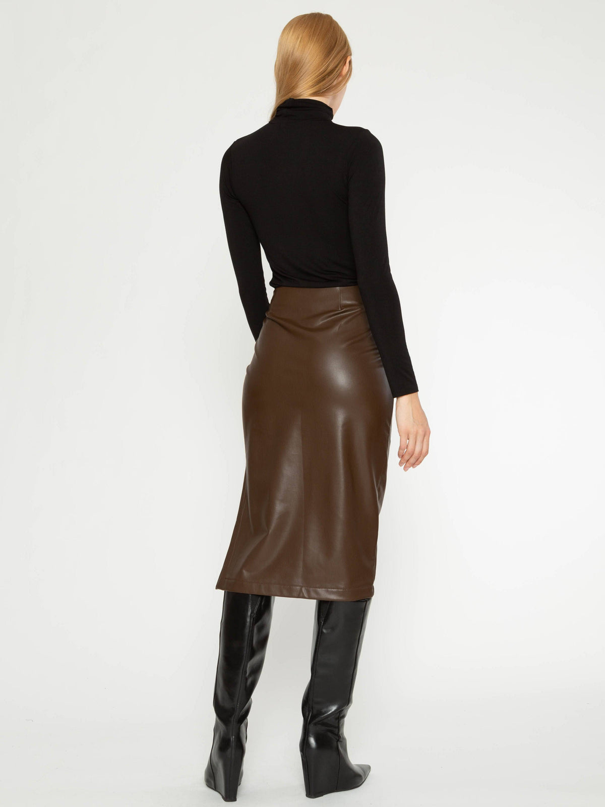 Chocolate Vegan Leather Midi Skirt