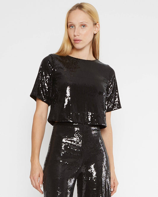 Black Sequin Short Sleeve Top