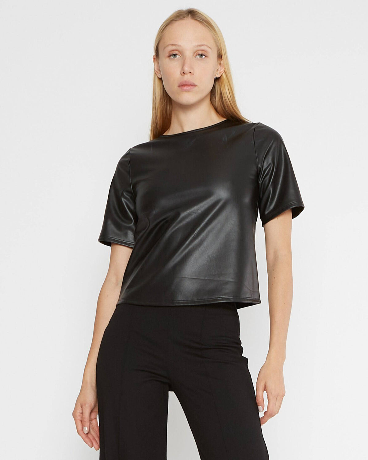 Black Vegan Leather Short Sleeve Top Extended