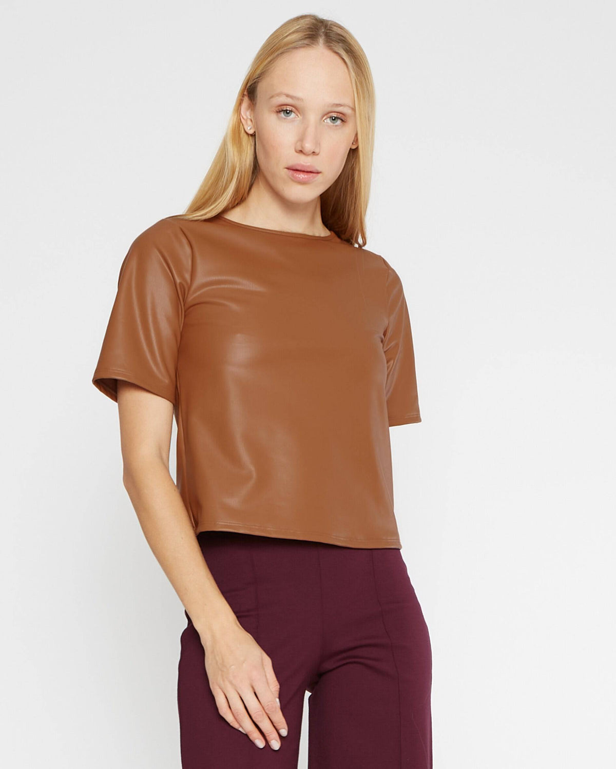 Camel Vegan Leather Short Sleeve Top Extended