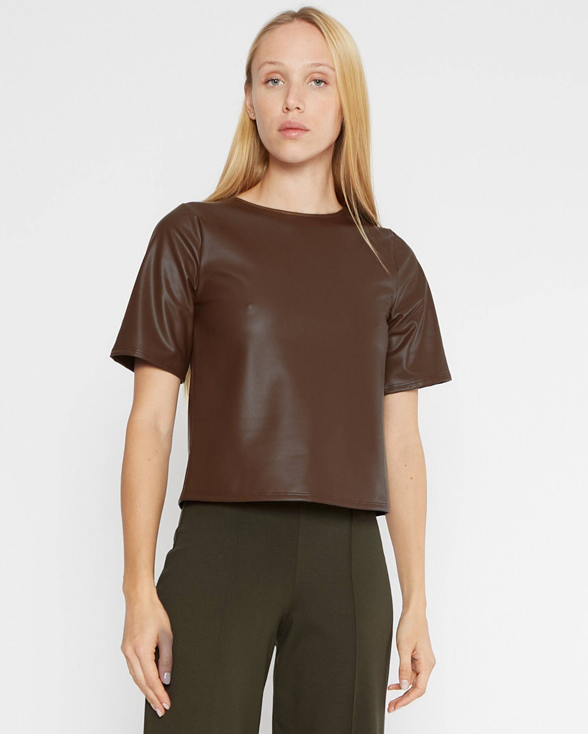 Chestnut Vegan Leather Short Sleeve Top Extended