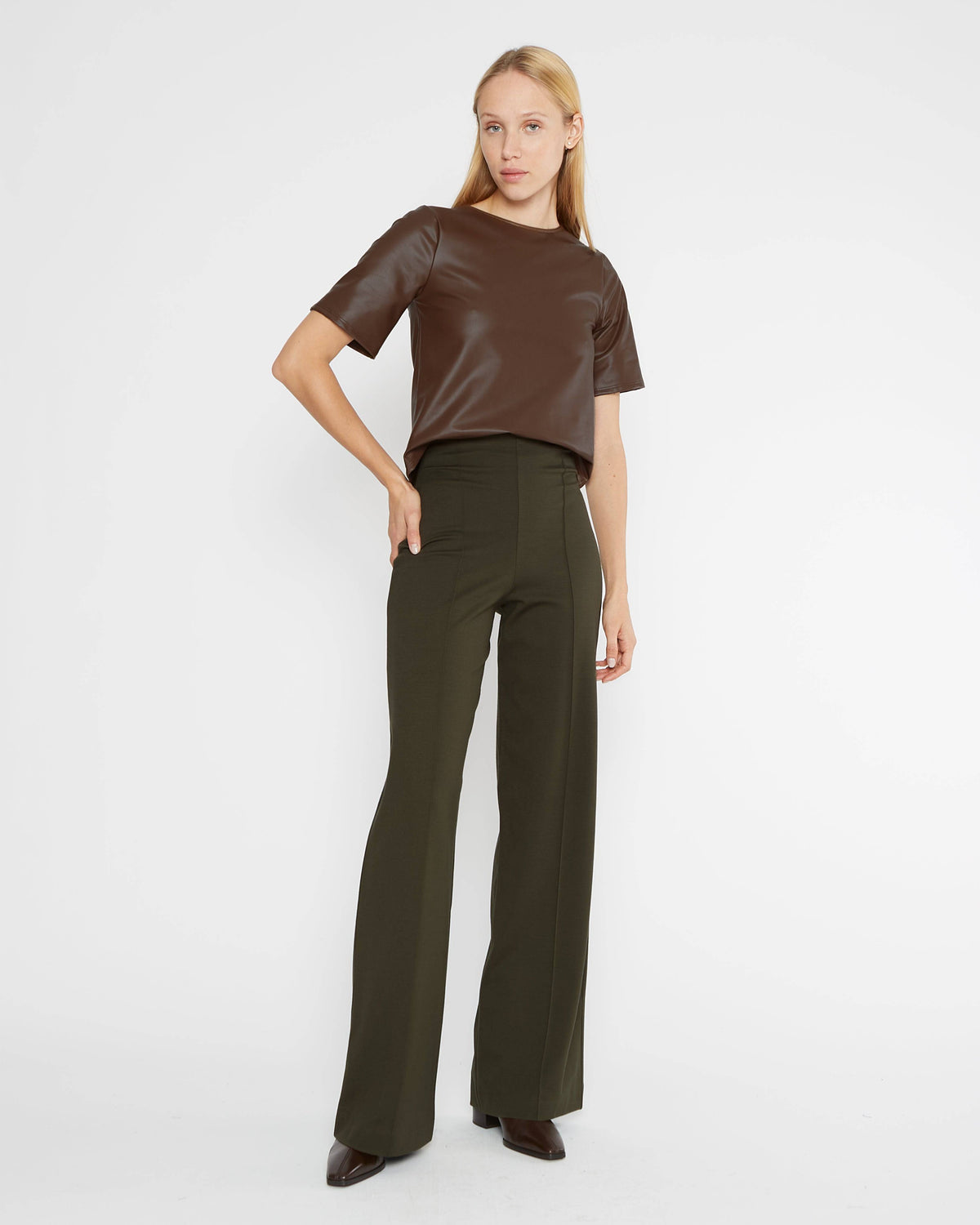 Chestnut Vegan Leather Short Sleeve Top Extended