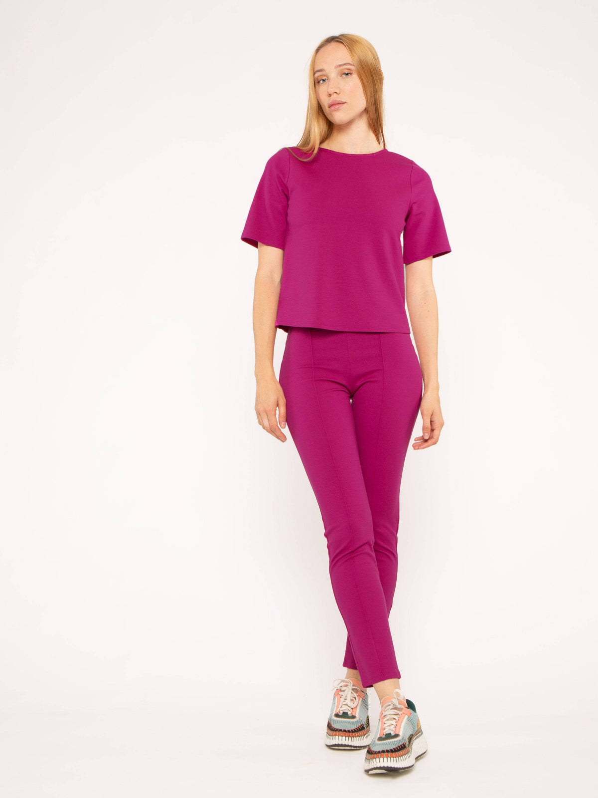 Fuchsia Ponte Knit Short Sleeve Top Extended