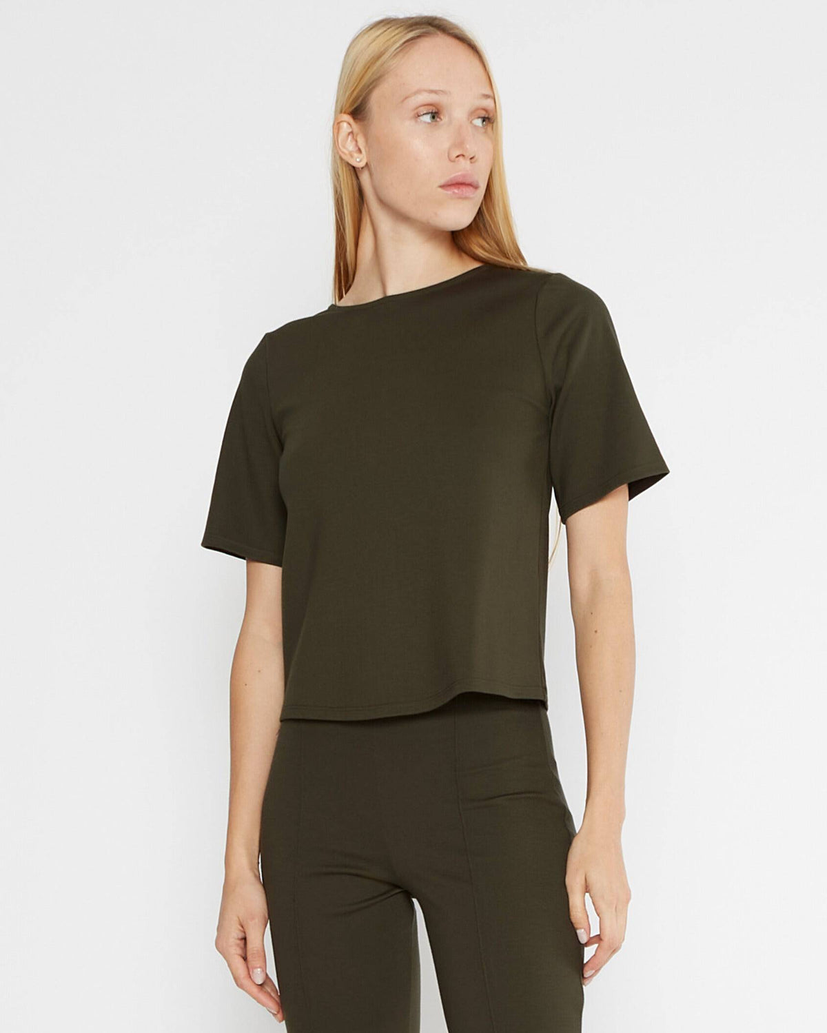 Olive Ponte Knit Short Sleeve Top Extended