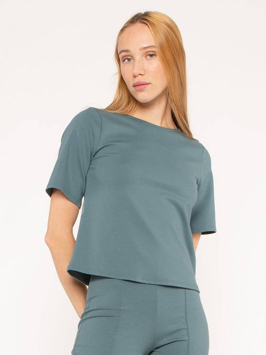 Sea Blue Ponte Knit Short Sleeve Top Extended
