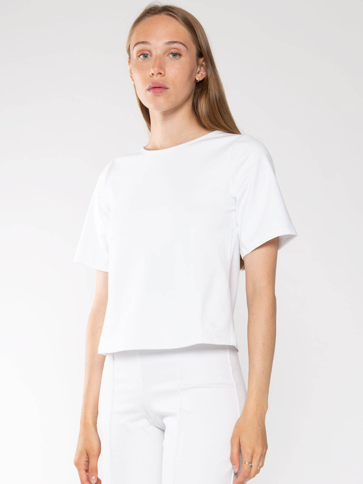 White Ponte Knit Short Sleeve Top Extended